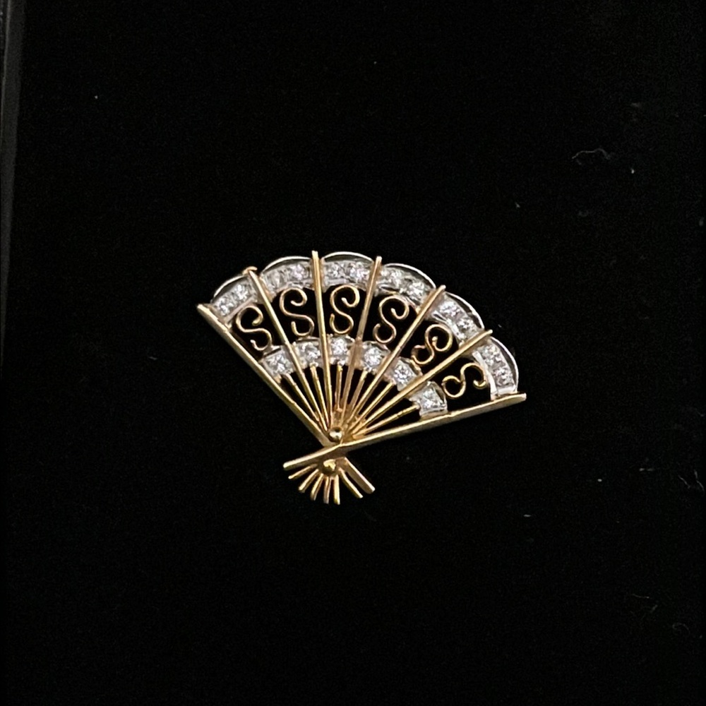 14k unisex vintage Victorian floral diamond fan brooch pin - Picture 3 of 6